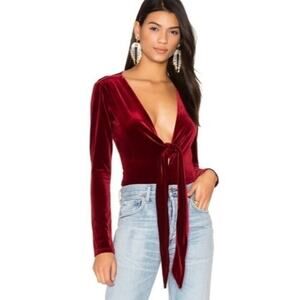 LPA Revolve | Velvet Long Sleeve Bodysuit Plunge V-Neck Merlot Red XS